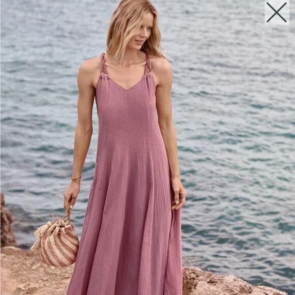 Garnet Hill Hot Pink Crinkle Gauze 100% Cotton Maxi Dress Long Beachy Coverup - Picture 12 of 13